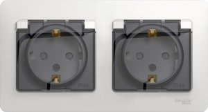 Фото Schneider Electric Glossa GSL000647 Розетка двойная с заземляющим контактом и шторками (16 А, IP44, крышка, в сборе, скрытая установка, перламутровая)