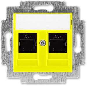Фото ABB Levit 2CHH295118A6064 Розетка компьютерная (поле для надписи, 2хRJ45, под рамку, cat.5e, с/у, желтый/дымчатый черный)