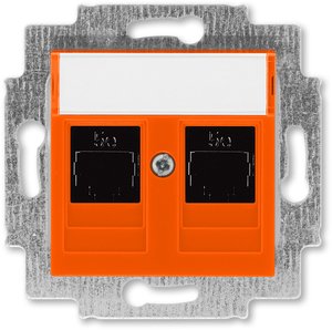 Фото ABB Levit 2CHH295118A6066 Розетка компьютерная (поле для надписи, 2хRJ45, под рамку, cat.5e, с/у, оранжевый/дымчатый черный)