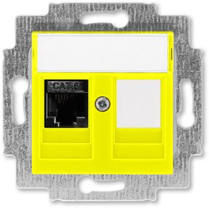 Фото ABB Levit 2CHH296117A6064 Розетка компьютерная (поле для надписи, RJ45+заглушка, под рамку, cat.6, с/у, желтый/дымчатый черный)