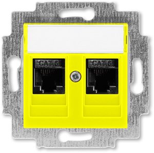 Фото ABB Levit 2CHH296118A6064 Розетка компьютерная (поле для надписи, 2хRJ45, под рамку, cat.6, с/у, желтый/дымчатый черный)
